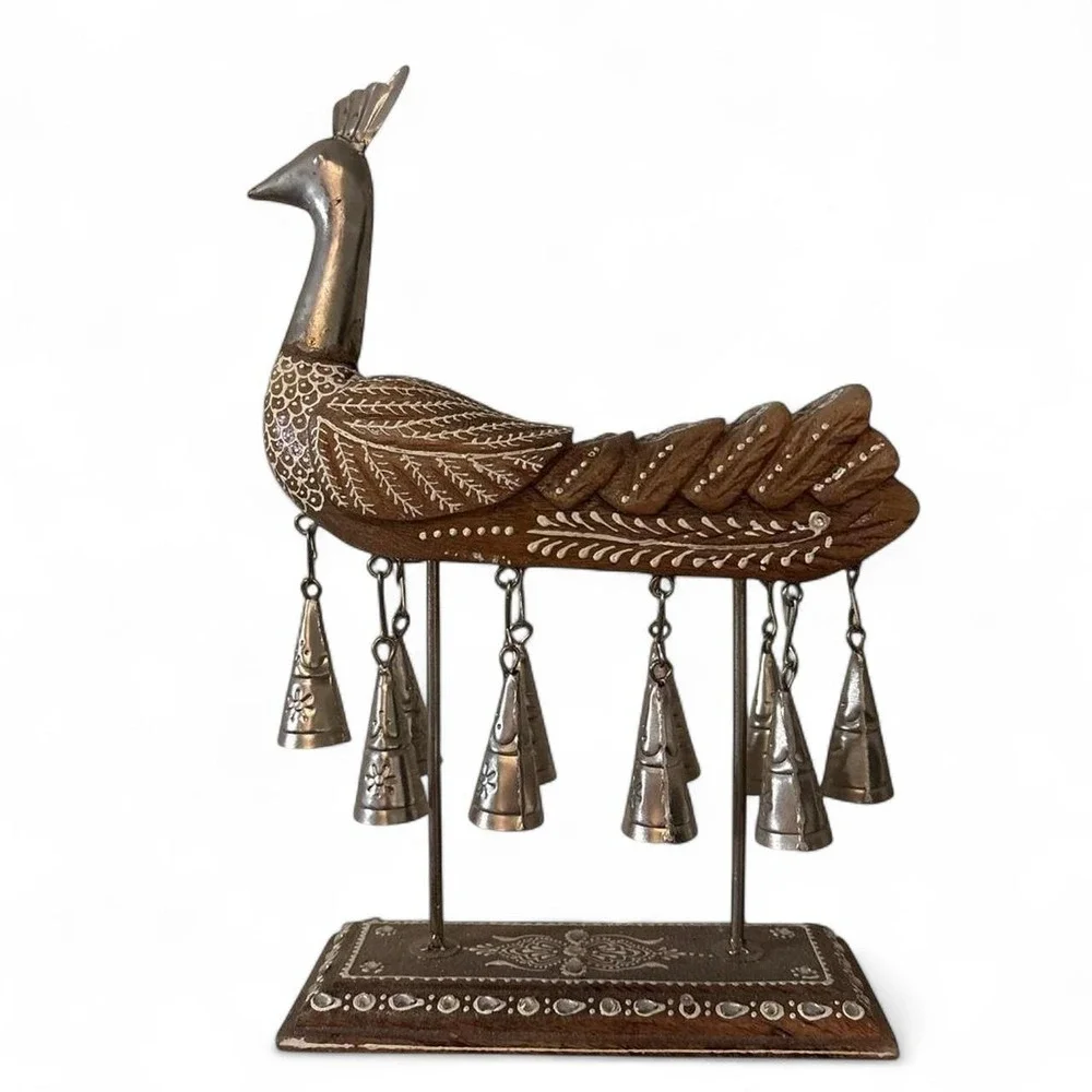 Unique handmade carved wooden peacock with bells